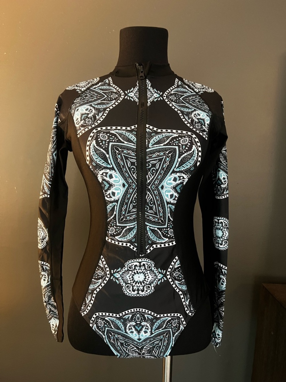 Black Long-Sleeve Zip Front Top with Teal Paisley Print